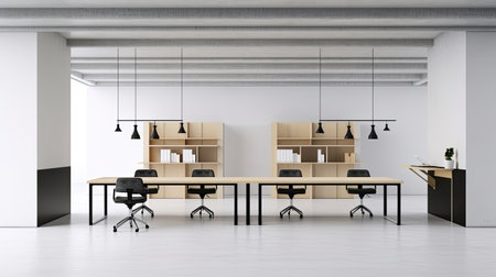 Interior of modern office with white walls, concrete floor, rows of computer tables with black chairs and bookcases. 3d renderingの素材