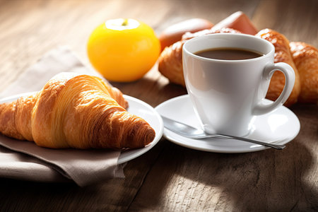 Breakfast with coffee and croissants on wooden table, closeupの素材