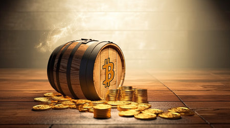 Wooden barrel with a bitcoin symbol on a wooden background. 3d illustrationの素材