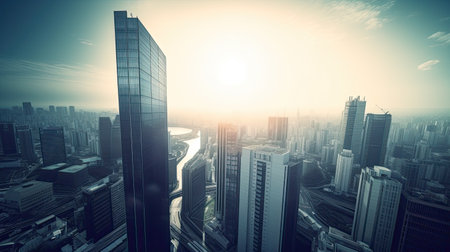 Panoramic view of skyscrapers and buildings in the morningの素材