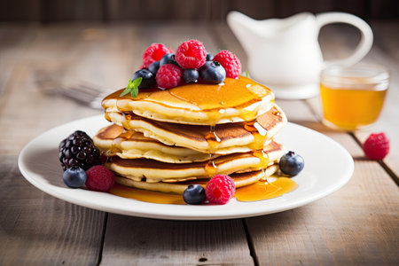 Pancakes with honey and berries on a wooden background. Selective focus.の素材