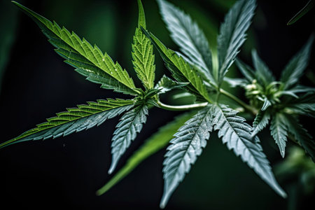Cannabis leaf on a dark background. Green background of leaves of marijuana.の素材
