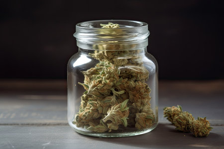 cannabis buds in a glass jar on a dark wooden backgroundの素材