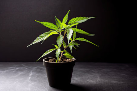 Cannabis plant in a pot on a black background. Indoor cultivation.の素材