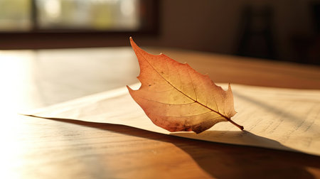 Autumn leaf on a sheet of paper with a window in the backgroundの素材
