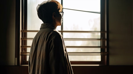 Young asian woman looking through the window in the morning at homeの素材
