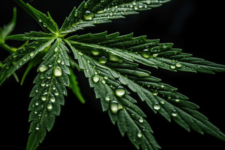 Cannabis leaf with water drops on a black background. Macroの素材