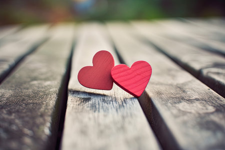Two red hearts on a wooden table. Valentines day background.の素材