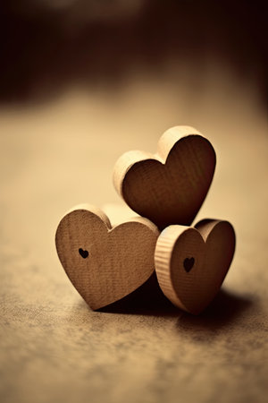 Two wooden hearts on a brown background. Shallow depth of field.の素材