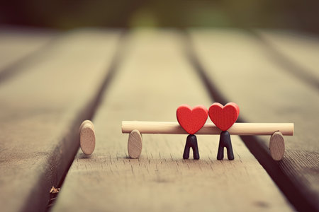 Love and valentines day concept. Wooden couple with red heartの素材