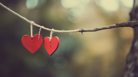 Two red hearts hanging on a rope with bokeh background.の素材