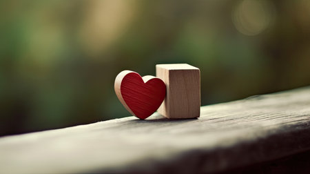 Two wooden cubes with a red heart on the background of nature.の素材
