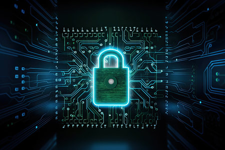 Cyber security concept. Padlock on circuit board background. 3D Renderingの素材