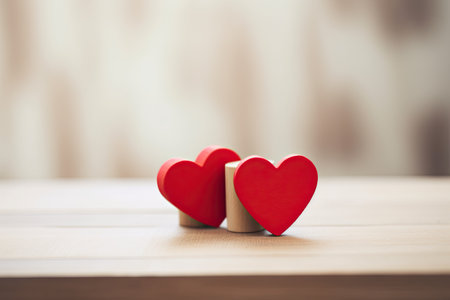 Two red hearts on a wooden background. Valentine's Day concept.の素材