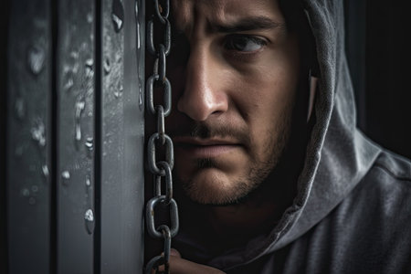 Portrait of a young man in a hood with a metal chainの素材