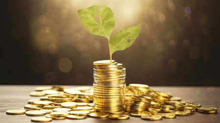 Investment concept, Coins stack with green plant growing out of it.の素材