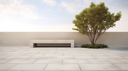 3d render of a bench with a tree on the terraceの素材