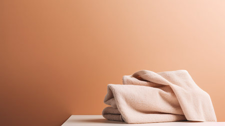 close up of beige towel on white table against orange background with copy spaceの素材