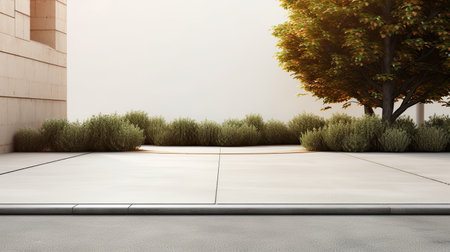 Empty concrete floor in front of modern building with trees. 3d renderingの素材