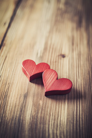 Two red wooden hearts on a wooden background. Valentines Day.の素材