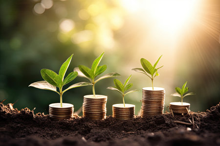 Plant growing on coins with sunlight. Investment and saving concept.の素材