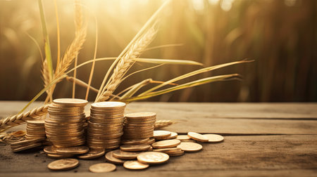 Wheat and coins on wooden table with nature background. Concept of financial growth.の素材