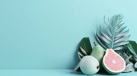 Creative layout made of tropical palm leaves, pears and grapefruit on blue background with copy space. Summer concept.の素材