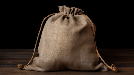 bag of burlap on a wooden table on a black background.の素材