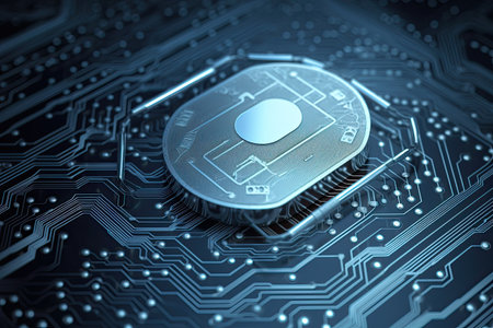 Close up of electronic circuit board with processor chip. 3D renderingの素材