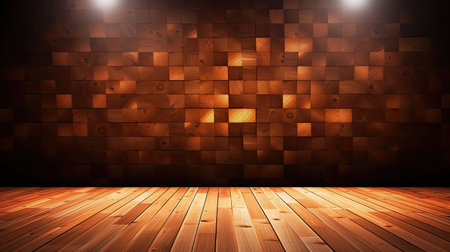 Wooden floor and wall illuminated by spotlights. 3d renderingの素材