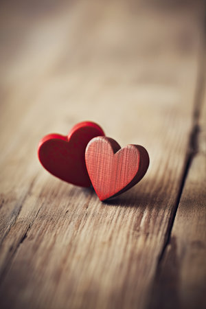 Two red hearts on a wooden background. Valentines day card.の素材
