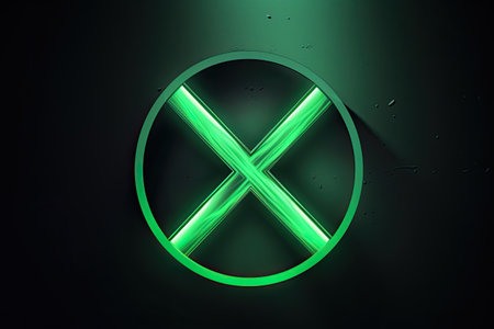 Glowing green neon cross on dark background. 3D rendering.の素材