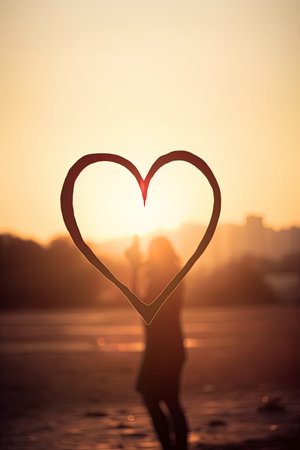 Silhouette of woman with heart shape at sunset. Love conceptの素材