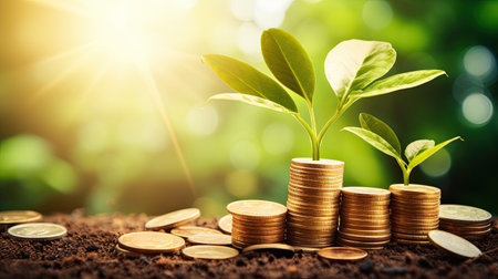 Investment concept, Money coin stack growing graph with green nature backgroundの素材