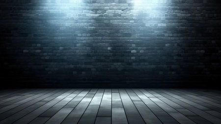 Empty dark room with brick wall and wooden floor. 3D Renderingの素材