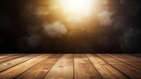 Wooden floor with bokeh lights and sun light background.の素材