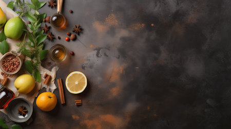 Honey and spices on a dark background. Top view with copy space.の素材