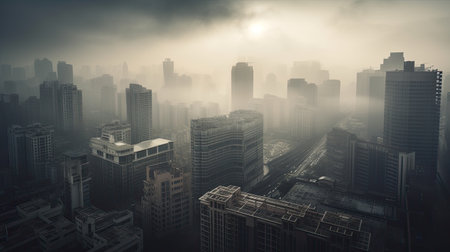 Foggy cityscape with buildings and skyscrapers in fogの素材
