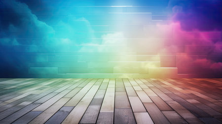 Wooden floor and colorful sky background with clouds. 3d renderingの素材