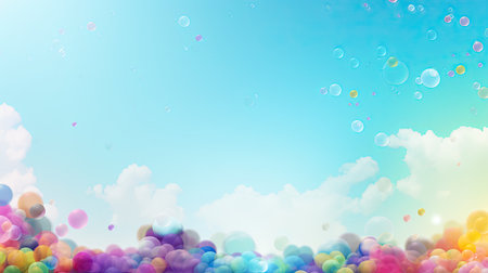 Colorful soap bubbles on blue sky background. 3D rendering.の素材