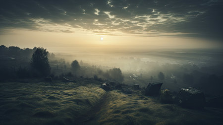 Foggy morning in the countryside. Carpathians, Ukraine, Europe.の素材
