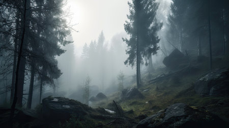 Mysterious forest in the morning mist. Misty landscape with fog.の素材
