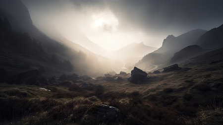 Panoramic view of misty mountain landscape with fog and sunlightの素材