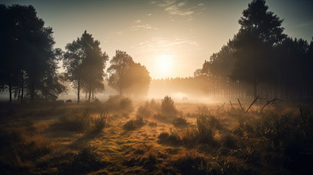 Foggy morning in the pine forest. Panoramic imageの素材