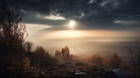 Beautiful autumn landscape. The sun goes down over the foggy valley.の素材