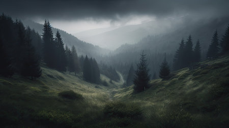 Foggy morning in the Carpathian mountains, Ukraine.の素材