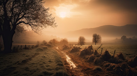 Foggy sunrise in the countryside with a path in the foregroundの素材