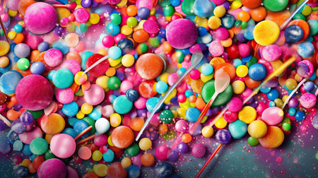 Colorful candies background. Top view. Copy space for text.の素材