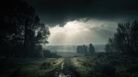 Foggy morning in the meadow. Panoramic image.の素材