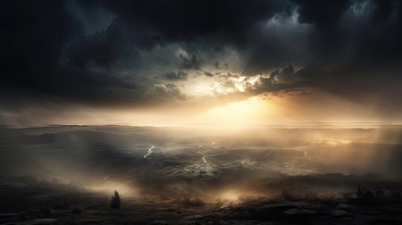 Fantasy landscape with foggy sunrise. 3d render illustration.の素材
